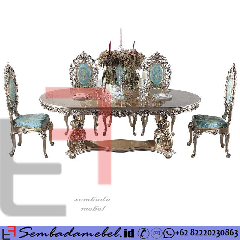 Jual Set Meja Makan Ukir Jepara Mewah Rose  Gold  SM 442 